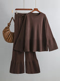 Momentlover Casual Long Sleeves Loose Solid Color Round-Neck Sweater Tops & Wide Leg Pants Two Pieces Set