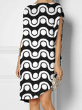 Momentlover Loose Short Sleeves Contrast Color Printed Round-Neck Midi Dresses