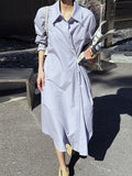 Momentlover Solid Color Asymmetric Loose Long Sleeves Lapel Shirt Dress