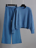 Momentlover Urban Loose Long Sleeves Solid Color Round-Neck High-Low Sweater Tops & Wide Leg Pants Suits