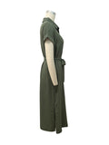 Momentlover Solid Color Ribbed Short Sleeves Loose Lapel Midi Dresses