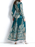Momentlover Tied Waist See-Through Printed Puff Sleeves A-line Stand Collar Maxi Dresses