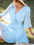 Momentlover Original Half Sleeves Loose Polka-Dot Falbala Solid Color V-Neck Mini Dresses