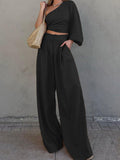 Momentlover Elasticity Knot Long Sleeves Loose Asymmetric Pleated Solid Color One-Shoulder Shirts Top + Pants Bottom Two Pieces Set