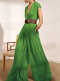 Momentlover Urban Loose Wide Leg Solid Color V-Neck Jumpsuits Bottoms