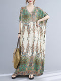 Momentlover Vintage Floral Printed V-Neck Batwing Sleeves H-Line Maxi Dress