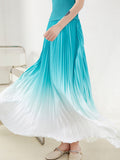 Momentlover Gradient Pleated Short Sleeves High-Neck T-shirt + Skirt Bottom Two Pieces Set
