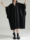 Momentlover Solid Color Pleated Drawstring Adjustable Short Sleeves Raglan Sleeve V-Neck Shirt Dress Midi Dresses