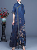 Momentlover Original Floral Print Split-Joint Stand Collar Maxi Dress