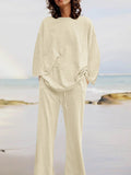 Momentlover Loose Solid Color Long Sleeves Round-neck Shirts Top + Drawstring Pants Bottom Two Pieces Set