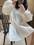 Momentlover Urban Puff Sleeves Solid Color Round-Neck Mini Dress