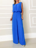 Momentlover Split-Joint Solid Color Pleated Elasticity Backless Sleeveless High Waisted Jumpsuits