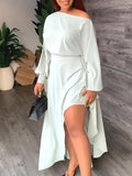 Momentlover Plus Size Inclined Neck Fold Design Asymmetrical Split Dress AT9624