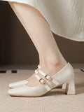 Momentlover Square-Toe Shallow Cut Lace-Up Pumps