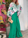 Momentlover Original Contrast Color Blouse&Solid Wide Legs Pants 2 Pieces Set