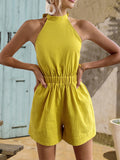 Momentlover Solid Color Ribbed Sleeveless Loose Halter-Neck Rompers