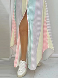 Momentlover Irregular Clipping Three-Quarter Sleeves  Striped Lapel Maxi Dresses Shirt Dress
