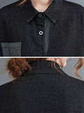 Momentlover Original Loose Denim Split-Joint Tied Lapel Collar Long Sleeves Midi Dress