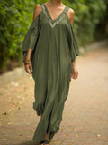 Momentlover Batwing Sleeves Loose Solid Color Cold Shoulder Maxi Dresses