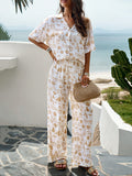 Momentlover Printed Loose Geometric Buttoned Lapel T-Shirts Top + Elasticity High Waisted Pants Bottom Two Pieces Set