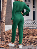 Momentlover Elasticity Belted Long Sleeves V-neck Jumpsuits