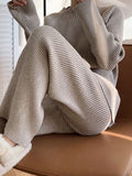 Momentlover Urban Loose Solid Round-Neck Split-Side Sweater& Wide Leg Pants Suits