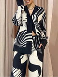 Momentlover Long Sleeves Loose Contrast Color Pockets Printed Blouses&Pants Suits