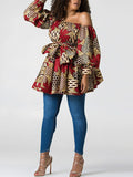 Momentlover Tied Waist Flower Print Elasticity Three-Quarter Sleeves Puff Sleeves One-Shoulder Mini Dresses