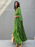 Momentlover Green Leopard V-Neck Split-Side Batwing Sleeves Maxi Dress