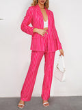 Momentlover Striped Long Sleeves Lapel Blazer Top + Wide Leg Pants Bottom Two Pieces Set