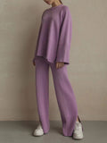 Momentlover Casual Long Sleeves Loose Solid Color Round-Neck Sweater Tops & Wide Leg Pants Two Pieces Set