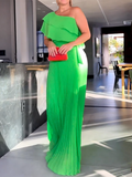 Momentlover Pleated Plain Asymmetric Loose One-Shoulder Maxi Dresses