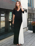 Momentlover Black&White Split-joint V-neck Long Dress