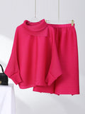 Momentlover Simple Loose Long Sleeves Pleated Solid Color High-Neck T-Shirt Top&Wide Legs Pants Two Pieces Set