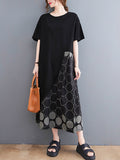 Momentlover Casual Printed Polka-Dot Split-Joint  Asymmetric Round-Neck Plus Size Midi Dress