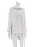 Momentlover Solid Color Long Sleeves Loose Elasticity Round-Neck Shirts Top + Shorts Bottom Two Pieces Set