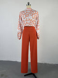 Momentlover Flower Print Long Sleeves Hollow Mock Neck Shirts Top + High Waisted Pants Bottom Two Pieces Set