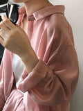 Momentlover Loose Solid Color Long Sleeves Blouse + Pleated Shorts Two Pieces Set