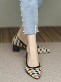 Momentlover Round Cut Pointed-Toe Houndstooth Contrast Color Pumps Mid Heels