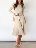 Momentlover Tied Waist Solid Color Long Sleeves High Waisted Round-Neck Sweater Dresses Midi Dresses