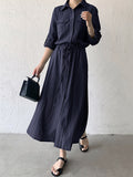 Momentlover Casual A-Line Long Sleeves Bandage Solid Color Lapel Collar Shirt Midi Dresses