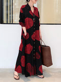 Momentlover Split-Joint Printed Loose Long Sleeves Lapel Shirt Dress Maxi Dresses