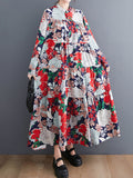 Momentlover Long Sleeves Loose Floral Printed Round-Neck Midi Dresses