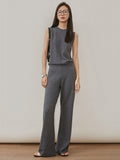 Momentlover Urban Loose Solid Round-Neck Vest Top& V-Neck Sweater Tops& Wide Leg Pants Three-Piece Set