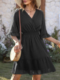 Momentlover Original Half Sleeves Loose Polka-Dot Falbala Solid Color V-Neck Mini Dresses