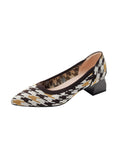 Momentlover Round Cut Pointed-Toe Houndstooth Contrast Color Pumps Mid Heels