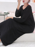 Momentlover Simple Modal Solid Color Round-Neck Long Sleeves Midi Dress