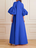 Momentlover Loose Flower Shape Solid Color Stand Collar Lantern Sleeves Maxi Dresses
