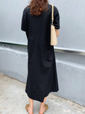 Momentlover Loose Solid Color V-Neck Pleated With Pockets Midi Dresses