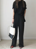 Momentlover Loose Fringed Solid Color Split-Side Round-Neck Pants Set Two Pieces Set